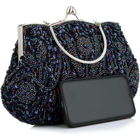 BEADED Sequin Flower Clutch Bag Blue - Picture 2 of 9